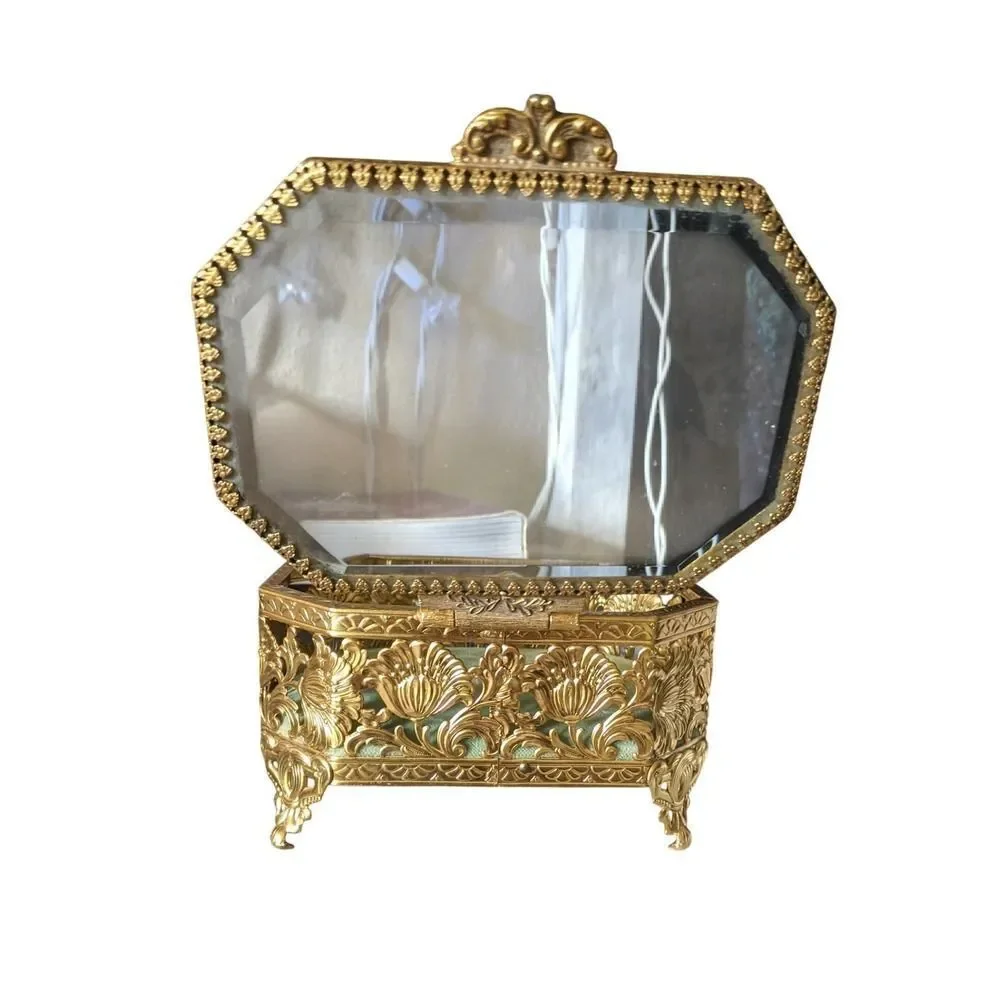 French 1920s filigree  brass & glass casket Ormolu gilt jewelry box EXCELLENT!